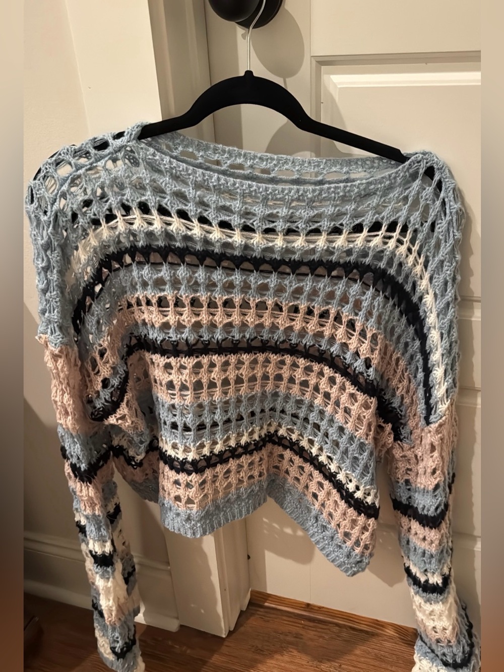 Open-Knit Striped Sweater in Light Blue & Cream